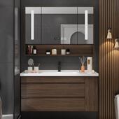 新中式 845实陶瓷盆浴柜智室能镜浴柜组合卫生间木洗手洗脸池家用