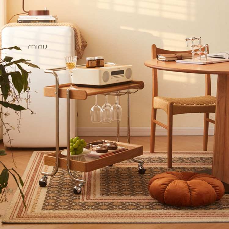 小推车实木边几置物架客厅沙发复古移动茶几床头收纳架复古边几