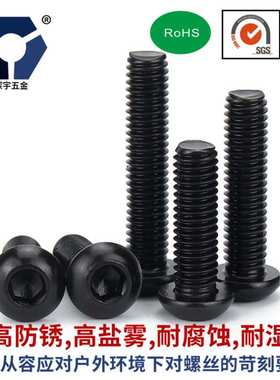 M2x4→2x12黑色圆杯螺丝ISO7380不锈钢圆头内六角防盐雾达克罗