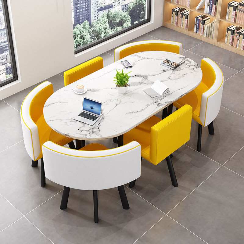 轻奢岩板洽谈桌椅组合简约会议桌接待休闲甜品椭圆桌餐桌