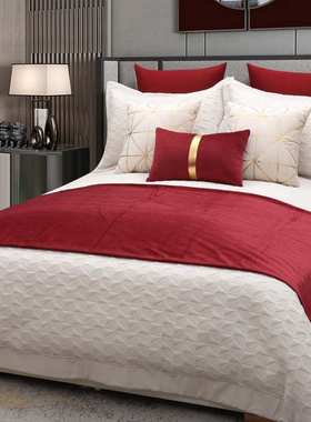 红色系艺术样板房床上用品高档别墅现代样板间床品轻奢抱枕搭毯子