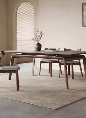 实木岩板餐桌现代简约胡桃色饭桌家用意式极简灰色长方形岩板餐桌