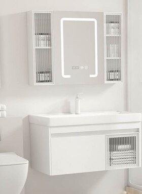 9C白色浴室柜组合陶瓷一体盆智能镜柜多层实木左抽右极简门耐脏板