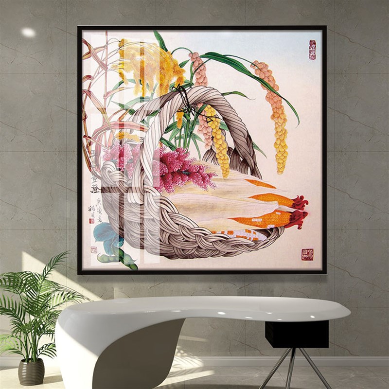 五谷丰登装饰画新中式正方形单幅晶瓷画家庭餐厅饭桌丰衣足食挂画图片