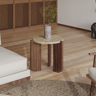 侘寂风客厅实木洞石小边几圆形小茶几沙发角几可移动小圆几极简约