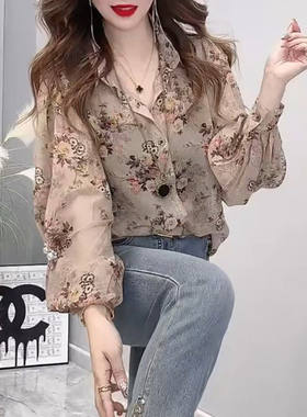 2024早春大码洋气碎花长袖衬衫女新款宽松显瘦设计感灯Z笼袖衬衣