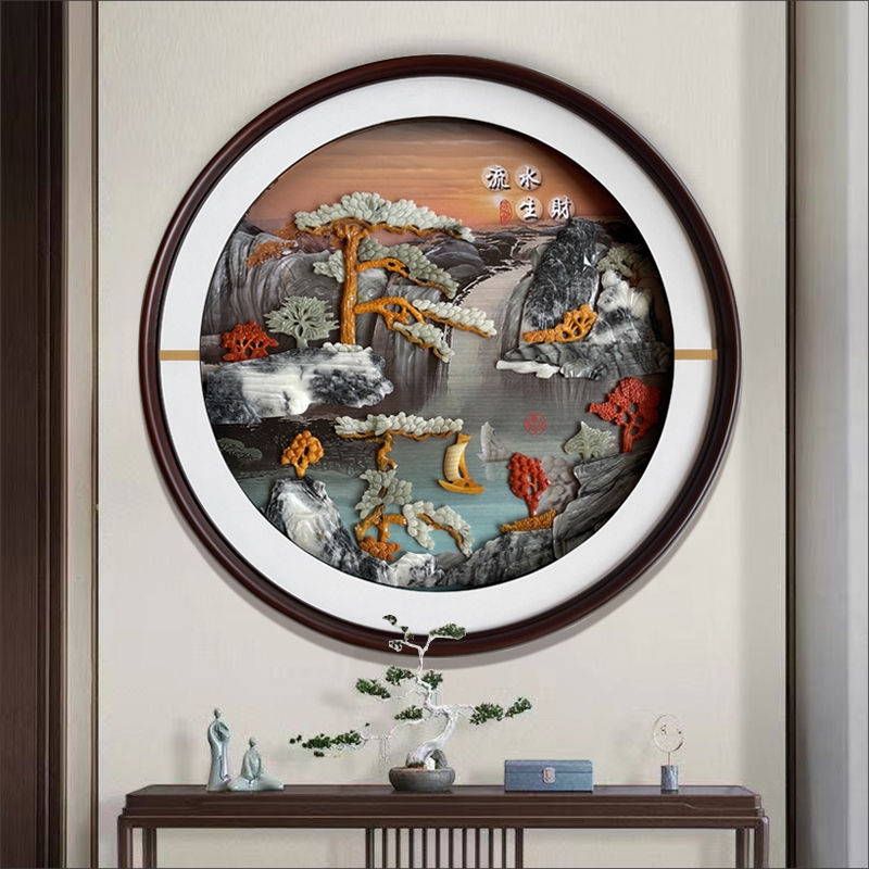 客厅装饰画新中式走廊过道玄关挂画餐厅圆形壁画玉雕画带灯光玻璃图片