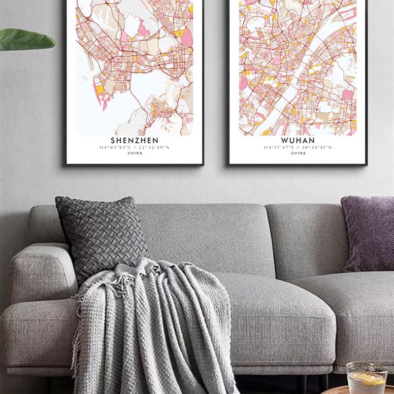 鳟鱼 定制办公室线描城市地图装饰画 客厅沙发背景墙挂画公司壁画图片
