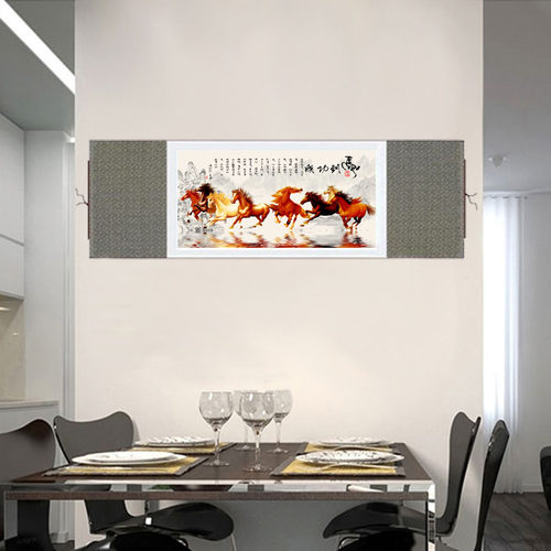 八骏马横幅挂画动物玄关r璧画丝绸礼品酒店走廊装饰画八骏图水墨