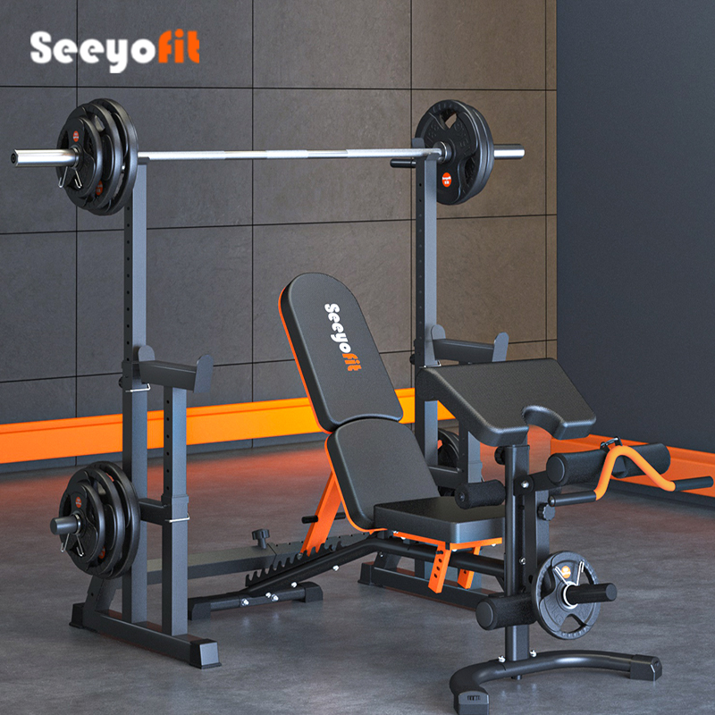 多功能举重床卧推架 深蹲架一体杠铃架 杠铃套装家用专业健身器材