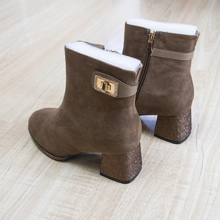 子马丁靴女Z款 春季 鞋 粗跟绒面短靴配大衣 加绒中 水钻焦糖色法式