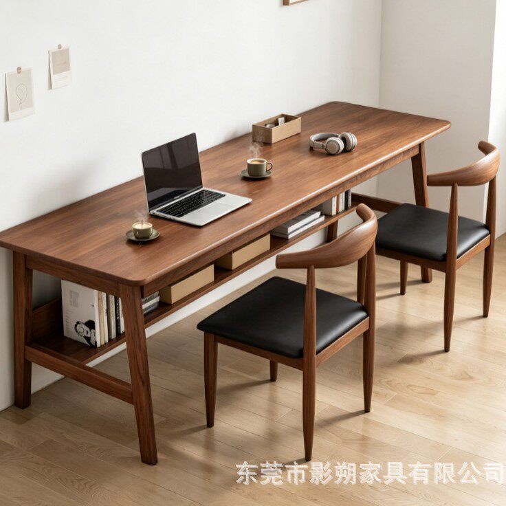 家用双人学习桌实木长条电脑桌胡桃色靠墙书桌带置物层大板工作台