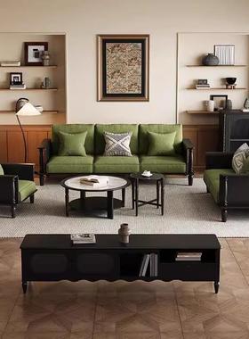 法式古风全实沙木沙发直排小户型复客厅家65913具组布艺发茶几电