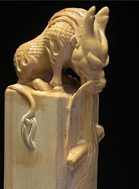 刻小叶黄杨木雕办公用复LLT古印名字章麒麟吐书手把件实艺木工品