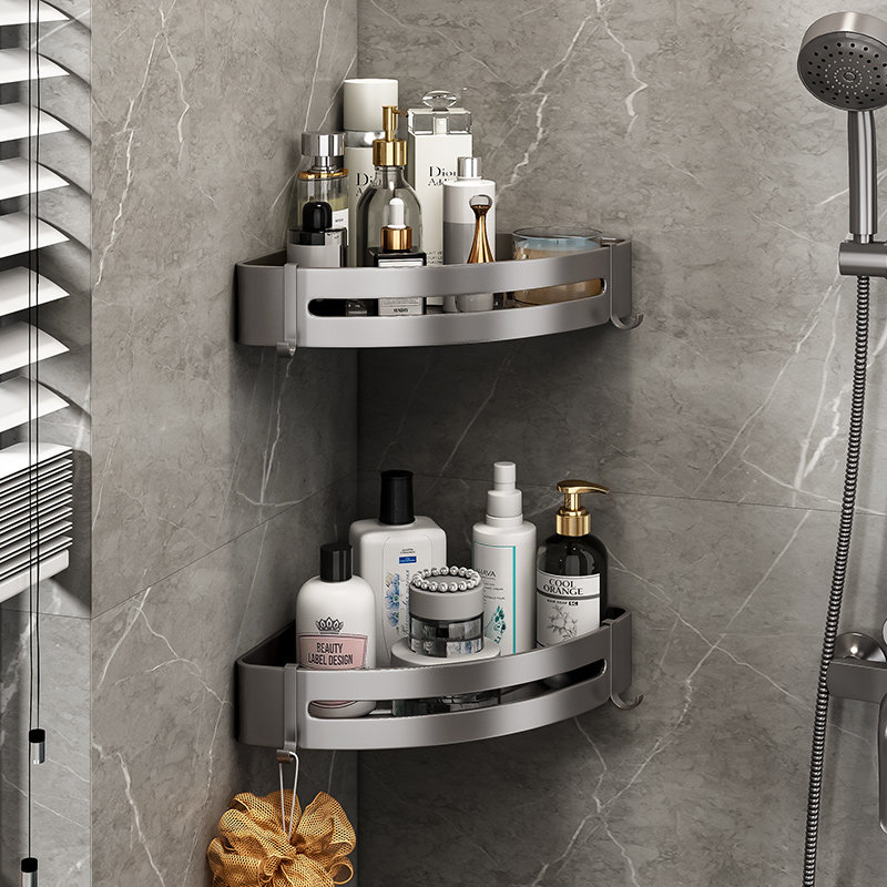 枪灰浴室三角置物架免打孔淋浴房卫生间转角三角篮厕所壁挂收纳架