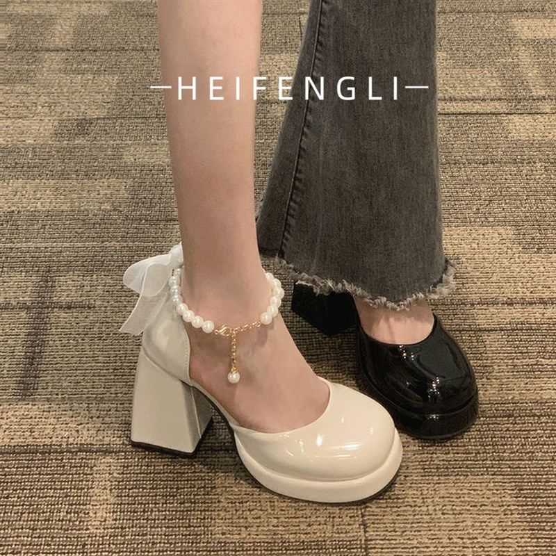 粗跟白色玛丽珍鞋女春夏季2025高跟甜美新款珍珠中空韩式小皮鞋女,女鞋,玛丽珍鞋,淘宝优惠券,粉丝福利购,淘宝优惠卷