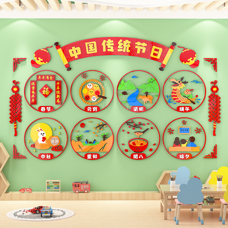 幼儿园墙面装饰中国风传统节日文化墙贴纸走廊环创主题墙教室布置