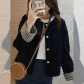 新款 短款 气质长袖 小香风秋冬时尚 外套女 拼接格子夹克衫 2026春秋季