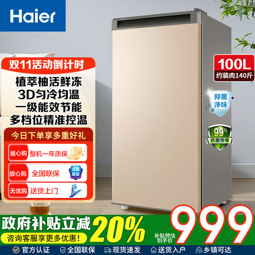 海尔家用立式冰柜100升保鲜冷藏柜一级节能匀冷茶叶母乳冷冻柜