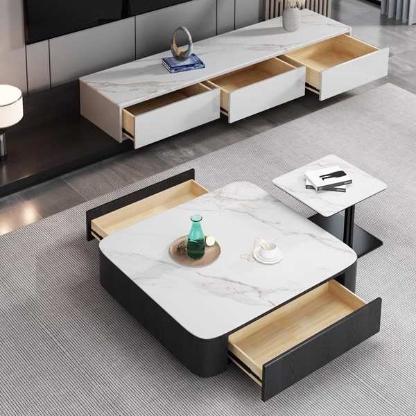 现代简约岩板茶几电视柜组合可伸缩家用客厅小户型正方形茶几桌子