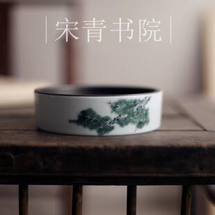 苍松翠柏手绘壶承锡合金盖建水釉下彩陶瓷干泡盘景德镇茶道配件