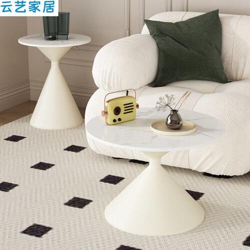 现代简约圆形小茶几家用客厅轻奢小户型奶油风岩板茶桌铁艺边几桌