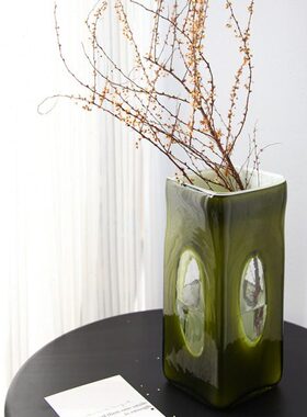 法式中古玻璃花瓶高级感客厅装饰摆件方形绿色水培插鲜花复古花器