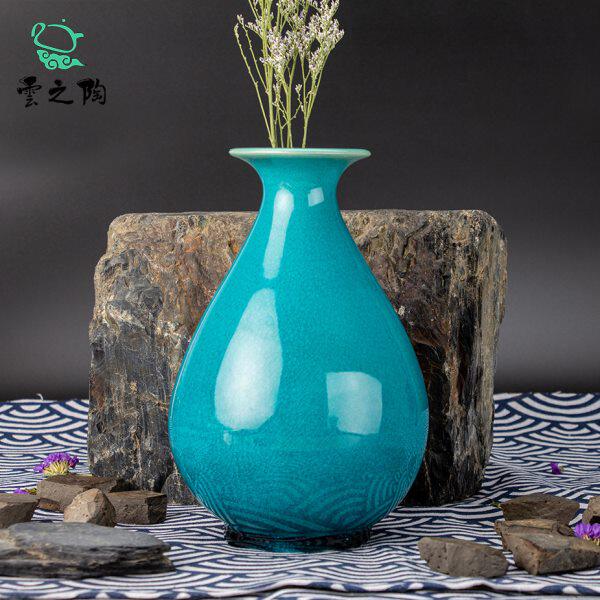 云南华宁陶纯手工孔雀蓝釉开片玉壶春瓶客厅插花瓶家居装饰品摆件