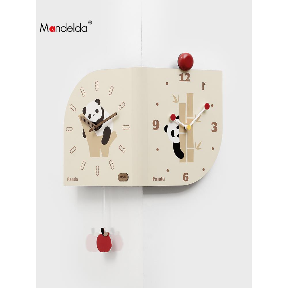 满得达免打孔熊猫转角挂钟客厅家用创意双面拐角时钟表装饰墙