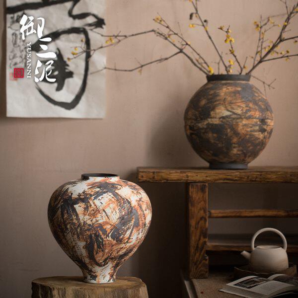 侘寂风陶瓷花盆陶罐禅意瓶子可水培手工陶艺粗陶花器干花插花摆件