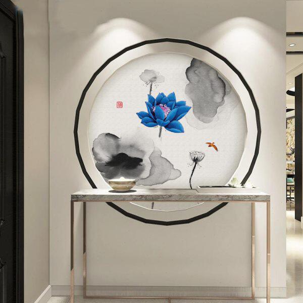 现代简约新中式水墨荷花圆形客厅装饰画玄关背景墙3d壁纸壁画墙纸