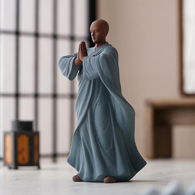 新中式创意紫砂小和尚摆件禅意家居客厅博古架桌面装饰品瓷工艺品