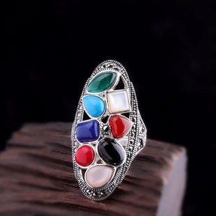 人品银品泰银手工手饰S925银饰品时尚女式简约多彩石开口指环