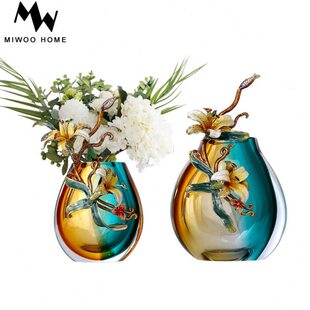 水晶玻璃珐琅彩花鸟花瓶客厅餐厅干花花器摆件现代简约家居装 饰品