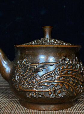 古玩收藏纯铜龙凤茶壶水壶酒壶铜器工艺品家居办公室吧台装饰摆件