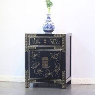 新中式复古床边柜实木彩绘描金储物柜明清古典卧室小柜简约床头柜