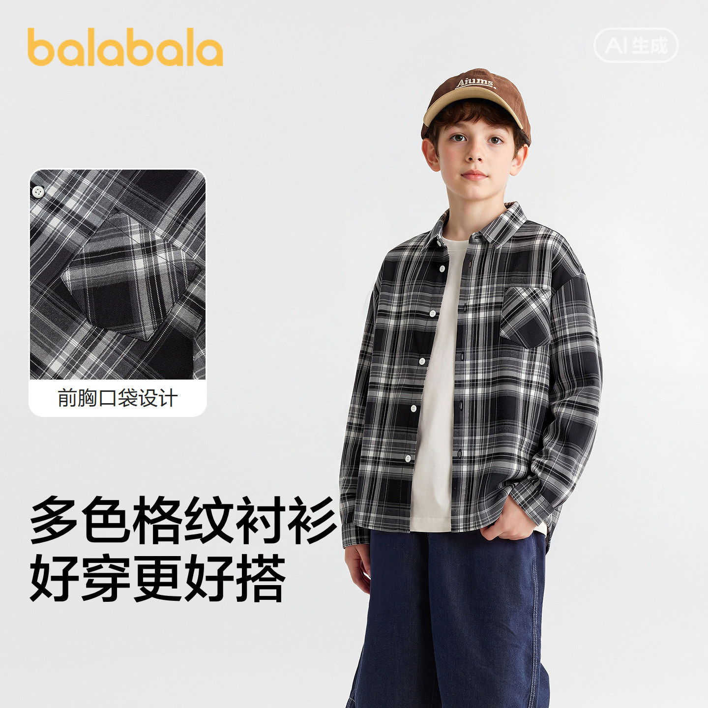 巴拉巴拉balaOne长袖衬衫格纹