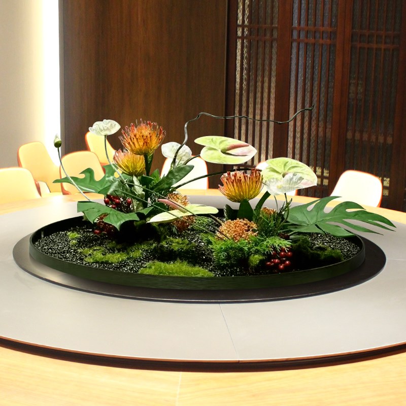 酒店高级感餐桌花大圆桌中间转盘摆花假花真花摆件客厅微景观装饰
