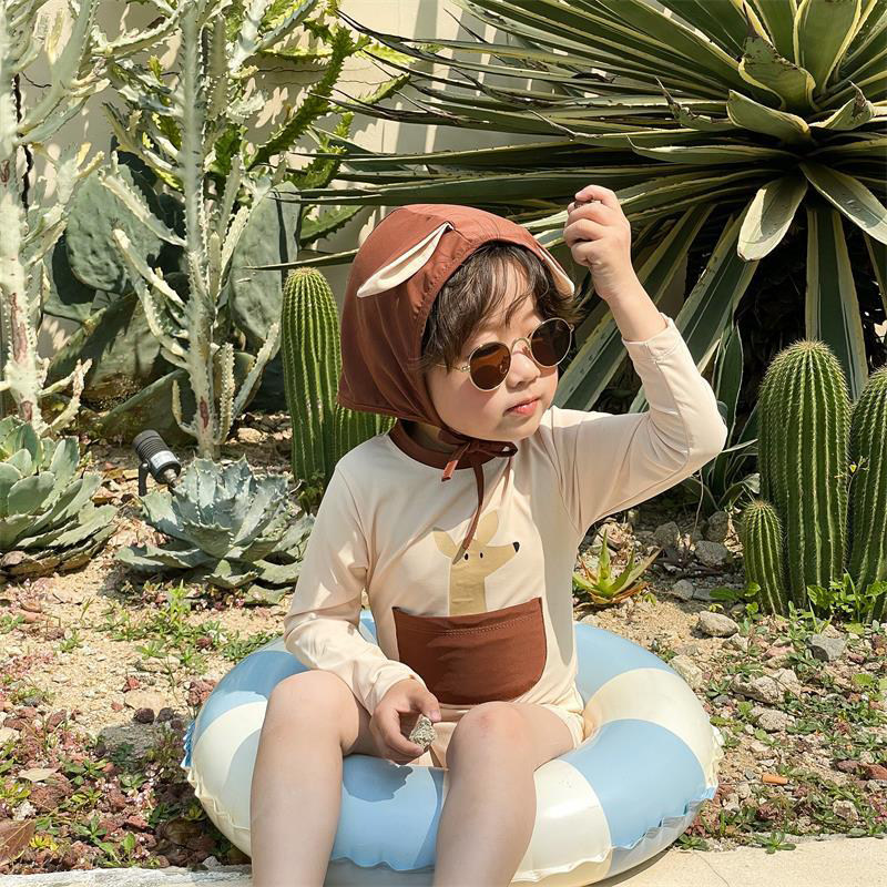 男童泳衣韩国可爱宝宝连体长袖卡通时尚游泳衣婴幼儿度假游泳套装