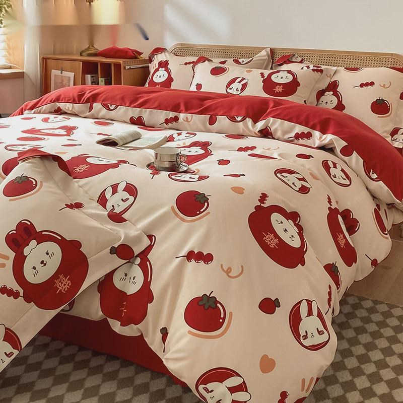 婚庆婚房四件套床上用品喜庆高级年轻人磨毛被套结婚大红色