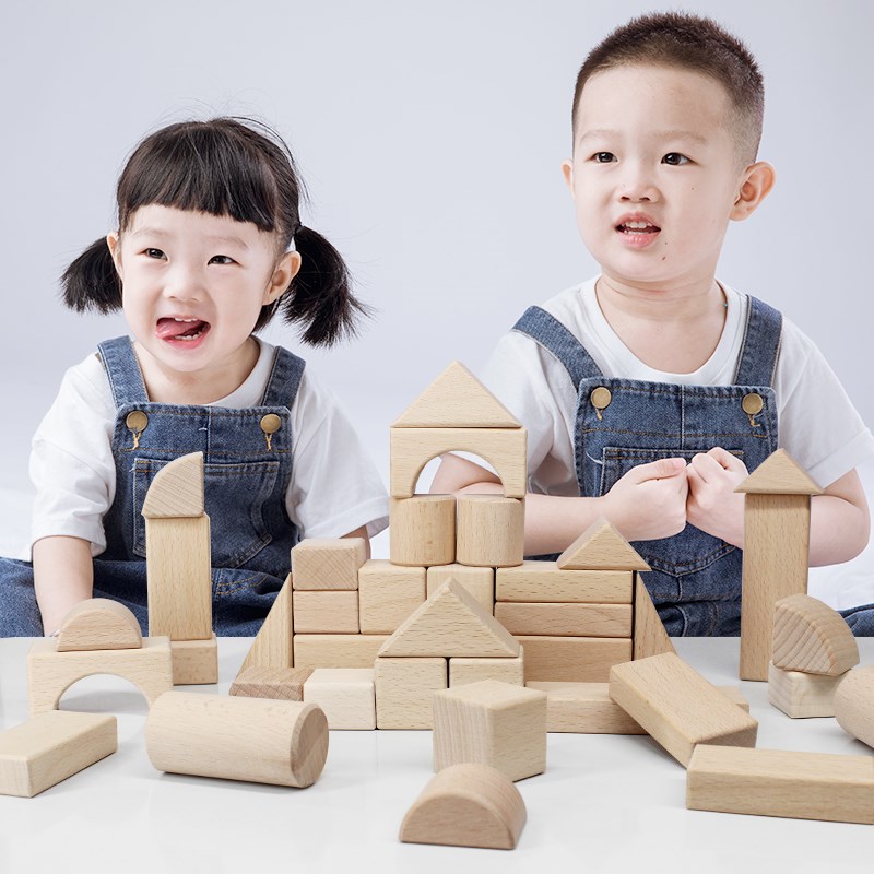 儿童无漆原木色积木拼搭玩具榉木大颗粒正方体三角形木质实木积木