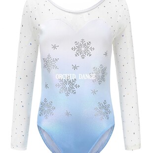 儿童专业体操连衣裤蓝色拼接长袖舞蹈服团体比赛紧身衣女孩练习服