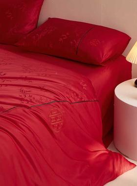 结婚四件套喜庆红色竹子花纯被套新F8STTH棉床提单婚床婚庆陪嫁床