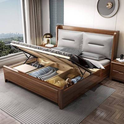 现家代简胡桃木实木床1.5米.8双人约新中式主卧软H102包1储物大床具