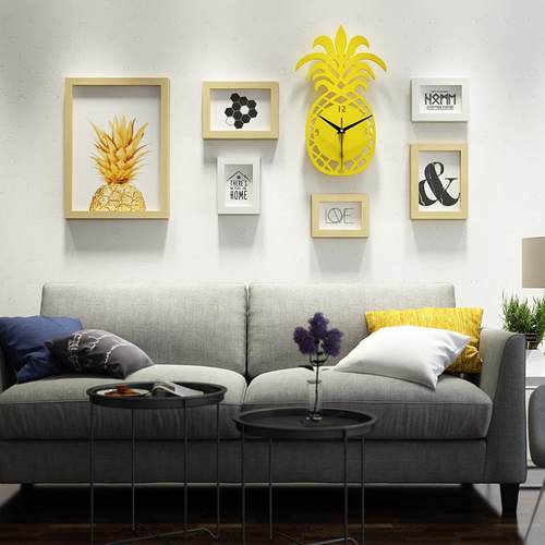 钟实木_6471647_简约实木片照片墙现代装饰画组合相框能换照菠萝