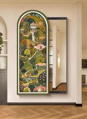 中古风绿闭色玄关QNH装饰画镜子拉推全身镜隐形衣镜可关暗藏隐穿