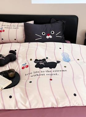 小猫咪贴布刺长绣棉儿童四件绒套可爱棉波FRY点印全花被套床单