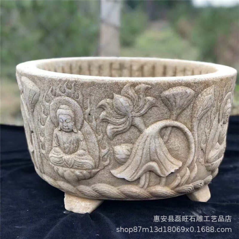 别墅庭院石缸福建厂家出售水缸石雕摆件仿古鱼缸锈石做旧圆鱼缸