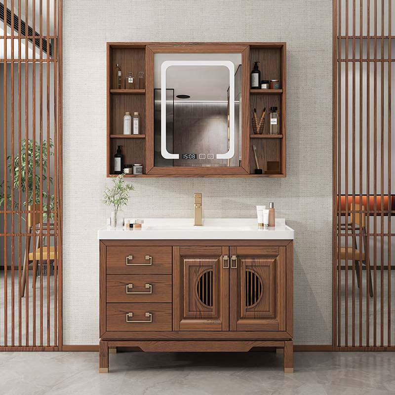 新中式实木一体陶瓷浴室柜智能镜组合卫生间洗手池洗脸盆柜洗漱台