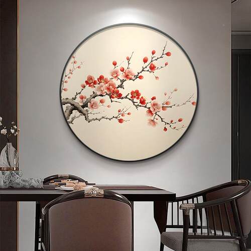 梅花入户玄关装艺饰画JVO新中式圆餐厅挂画术古风茶楼包厢墙形面